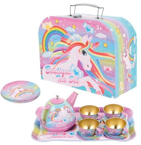 VICASKY 1juego Té Infantil De Unicornio con Caja Portátil Juguete Educativo De Simulación para Niño Niña Set De Té De Hojalata para Fiestas y Juego De Casa