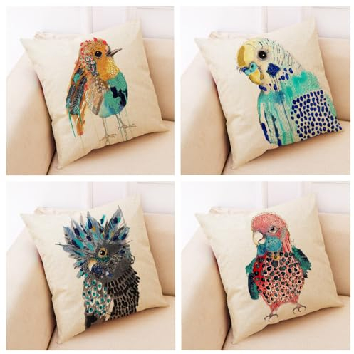 WANGG Kissenbezug 40x40cm Bemalter Papagei 4er Set Outdoor Kissen Dekokissen Leinen Kissenhülle Kissenbezüge für Schlafzimmer,Sofa, Stuhl, Bett, Garten