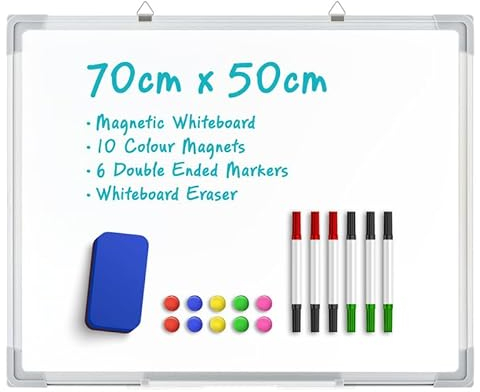 Vivo Technologies Magnetisches Whiteboard, 70 x 50 cm, Wandbehang, Whiteboard mit 10 Farbmagneten, 6 doppelseitige Marktstifte, Whiteboard-Radiergummi, Zeichnen, Memo-Pinnwand für Büro, Schule