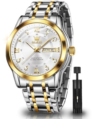 OLEVS Uhren für Herren, Diamant-Analog, Quarz, Edelstahl, wasserdicht, leuchtende Armbanduhr, Kalender, Luxus, Business, Herren-Armbanduhr, G5513: Zweifarbiges Armband und weißes Zifferblatt, Luxuriös