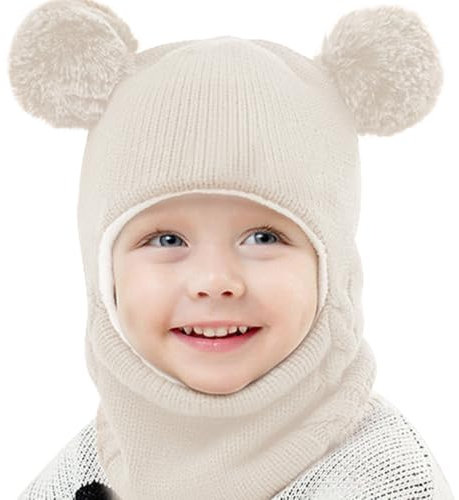 Casenly Kinder Wintermütze, 3 in 1 Schalmütze Warme Schalmütze Niedliche Baby Schlupfmütze Beanies Kapuze mit Doppelpom Pom Winddichte für Mädchen und Jungen, Beige