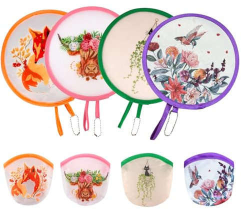 4 Pcs Hand Fan Folding,Chinese Japanese Style Foldable Fan,Round Folding Fan,Summer Handheld Folding Fans Beautiful Patterns For Wedding Party Home Decor Personal Decoration (4Pcs Animal & Flower)