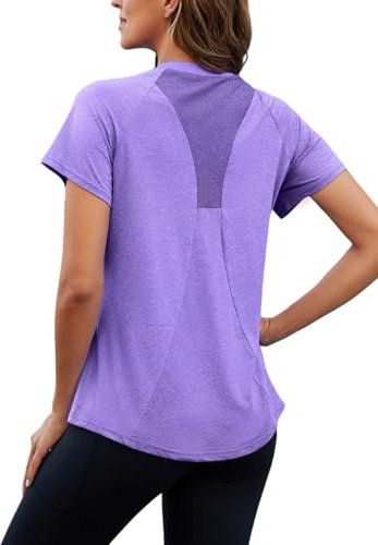Nekosi Sportshirt Damen Kurzarm, Rundhals Back Mesh Sport Oberteile Damen, Elastisches leichtes atmungsaktives Funktionsshirt geeignet für Fitness Sports Lauf Yoga Lila XL