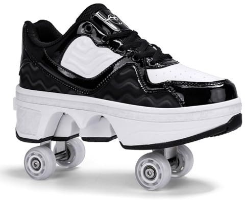 Rollschuhe für Frauen, 4 Räder Männer Schlittschuhe, PU Leder Roller Schuhe für Mädchen/Jungen/Damen/Unisex Indoor/Outdoor,Black-40