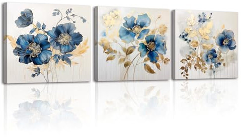 Piy Painting Peinture Sur Toile Fleur Bleue, Art Mural En Toile Bleue Et Dorée, Minimalistes Tableaux Sur Toile, Toile Décoratif Pour Le Salon Salle De Réunion Entrée Cuisine, 3 Panneaux 30x30cm