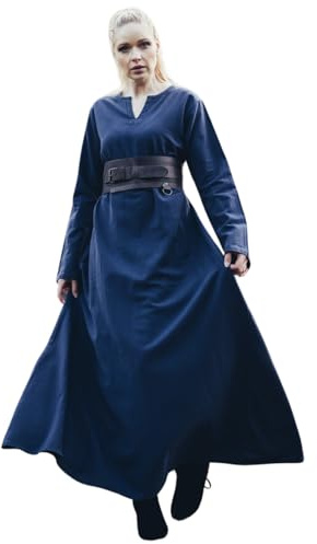 Leonardo Carbone® Damen Kleid Valdis | V-Ausschnitt Design | Fließender Saum | Karneval, Halloween, Cosplay, LARP, Mittelalter, Wikinger, Kostüm, Historisch | 100% Baumwolle Mitternachtsblau XL