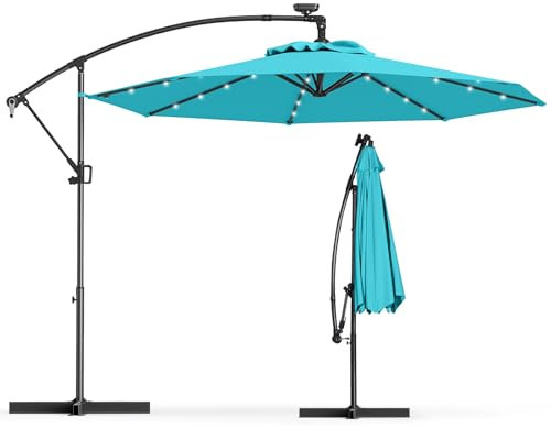 KOMFOTTEU LED Sonnenschirm 300cm x 230cm, Gartenschirm mit Handkurbel, Terrassenschirm mit Ständer 360° Rotation, Ampelschirm Knickbar Neigbar, Marktschirm ohne Schirmständer für outdoor (Türkis)