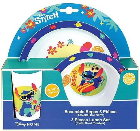 FUN HOUSE | Set Vaissellle Lilo & Stitch Pour Enfant | 1 verre, 1 Assiette + 1 Bol | Réutilisable & Micro-Ondable | Licence Officielle Disney | Fan Stitch | Marque Française | Idée Cadeau Enfant