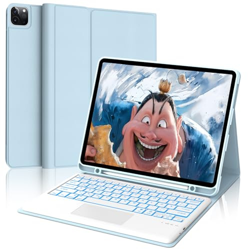 FOGARI Funda con teclado para iPad Pro 12.9 (6/5/4/3 Gen), 7 colores de iluminación, trackpad multitáctil, teclado QWERTZ alemán magnético desmontable Bluetooth para iPad de 12,9 pulgadas, azul claro