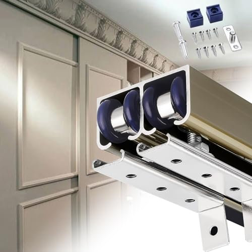 EXCLURA Schiebetür Schiene Doppelschiebetürschiene 61 71 91 122 cm, Schrankschiebetürschienen mit Rädern, Bypass-Scheunentor-Hardware-Kit Aluminiumschiene, Schiebetürschiene(Champagne,4.0m/13.1ft)
