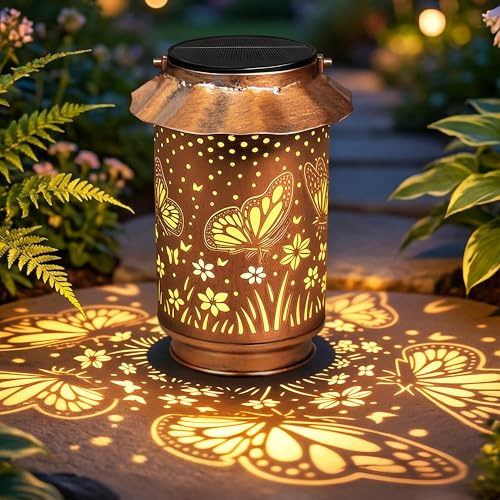 Ollny Solar Lights Outdoor Garden, Metal Butterfly Solar Lanterns Outside | Garden Ornaments Outdoor , Birthday Gifts for Women Mum Grandma, Waterproof Hanging Solar Garden Lights for Patio Lawn Yard