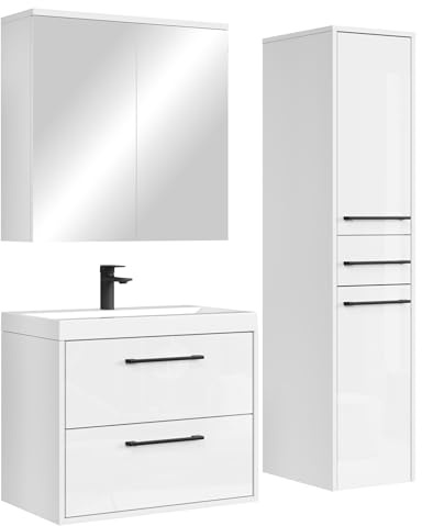 Badplaats B.V. Badezimmer Badmöbel Set Florence (Hochglanz Weiß, Komplettset mit Spiegelschrank und Hochschrank)