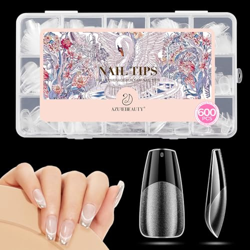 AZUREBEAUTY Medium Coffin Nail Tips, 600Pcs Medium Soft Nail Tips for Gel Extensions Half Matte Full Cover Clear Acrylic Gel Kit False Press on Nails Manicure Salon DIY at Home Nail Art 15 Sizes