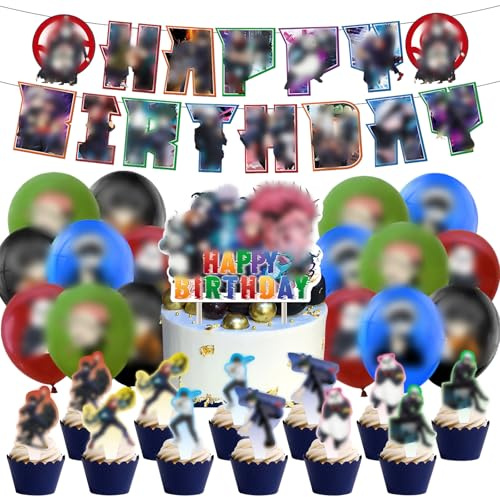 30 Stück Jujuttsu Kaiisen Geburtstag Deko, NlsqAMZ Jujuttsu Geburtstagsdeko | Kuchen Deko, Luftballons Set, Partydeko Geburtstag, mit Happy Birthday Banner, Cake Topper, für Fans und Partys