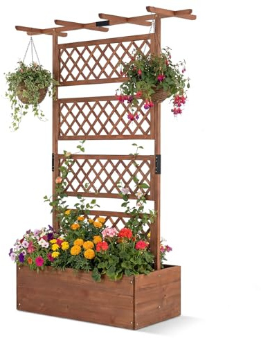 HOMASIS Blumenkasten mit Rankgitter & Dachregal, Hochbeet mit Spalier, Holz Pflanzkasten für Kletterpflanz, Pflanzkübel Pflanzgefäß Rankhilfe für Garten Balkon Terrasse (Braun, 153x55x183cm)