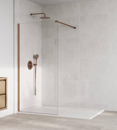 Imex - Box doccia fisso, 80 cm, frontale, oro rosa spazzolato, con braccio di fissaggio, in vetro anticalcare e profili in alluminio, altezza 195 cm, vetro con spessore 8 mm