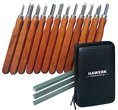 HAWERK Juego de gubias para tallar madera para principiantes y profesionales | 12 cinceles para madera + 3 piedras de afilar + Estuche Hawerk