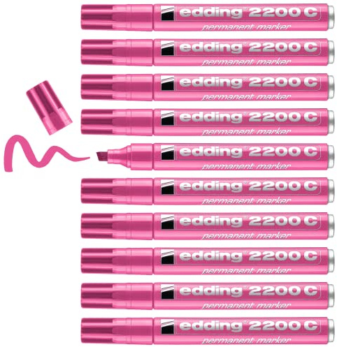 edding 2200 C permanent marker - pink - box of 10 - chisel tip 1-5 mm - quick-drying permanent marker pen - waterproof, smudge-proof - for cardboard, plastic, wood, metal, fabric
