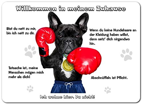Merchandise for Fans Blechschild/Warnschild/Fun Türschild - Willkommen in Meinem Zuhause - Motiv: Französische Bulldogge als Boxer - 11 (20x30cm)