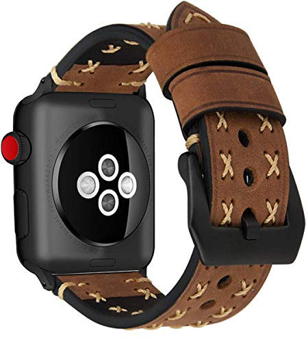 MroTech Cinturino Compatibile con iWatch 42mm 44mm Cinghie in Vera Pelle Cinturino di Ricambio per iWatch Serie 5 Serie 4 Serie 3 Serie 2 Serie 1 42 mm / 44 mm, Marrone + Fibbia Nero