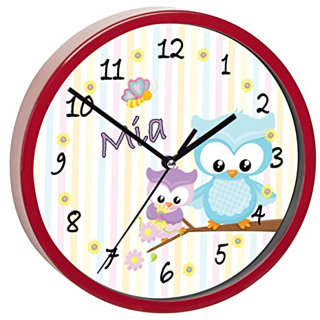 CreaDesign, Wanduhr für Kinderzimmer Eule Frühling, Kinderuhr rot mit Quarz Uhrwerk, personalisiert mit Name, Durchmesser 19,5 cm