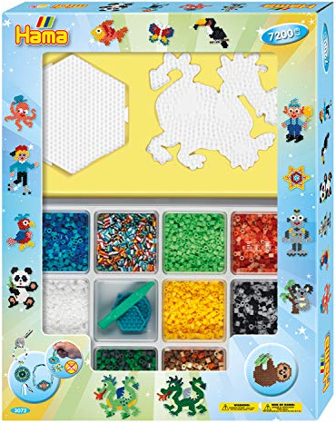 Hama Perlen 3072 Geschenk-Set mit Box mit ca. 7.200 bunten Midi Bügelperlen mit Durchmesser 5 mm, Motivvorlage und 2 Stiftplatten, inkl. Bügelpapier, kreativer Bastelspaß für Groß und Klein