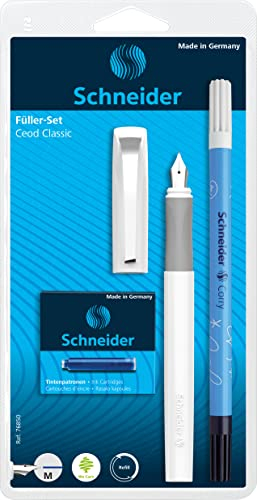 Schneider Schreibset Ceod Classic mit Füller, 6 Patronen und Tintenkiller (Rechts- und Linkshänder, M-Feder, Schreibfarbe: königsblau) weiß