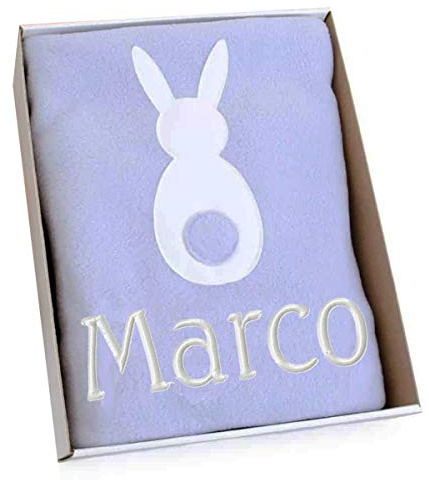 Zigozago Copertina fatta a mano con CONIGLIO in pile personalizzabile con nome. Colore Azzurro e Bianco