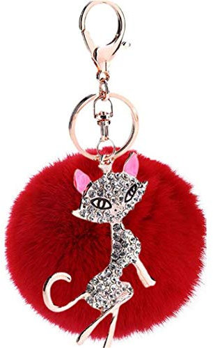 Porte-clés en peluche - Boule en strass - Chat - Pendentif de sac brillant - Boule en peluche - Pendentif de voiture - Pompon doux - Pour sac à main - Décoration porte-bonheur
