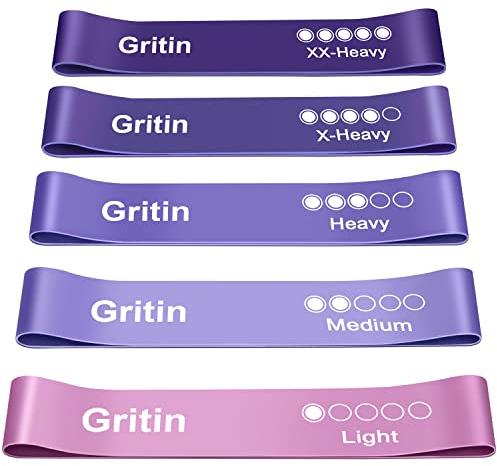 Gritin Fitnessbänder [5er Set] Widerstandsbänder mit 5 Stufen, 100% Latex Fitnessband Resistance mit Deutscher Übungsanleitung & Tragebeutel, Gymnastikband für Muskelaufbau, Yoga