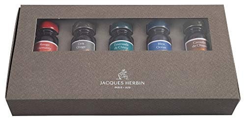 Jacques Herbin 14000JT - A set of 5 bottles of 1670 gold glitter ink for fountain pen, rollerball, glass nib and 10 ml fountain pen holder, 5 assorted Colours