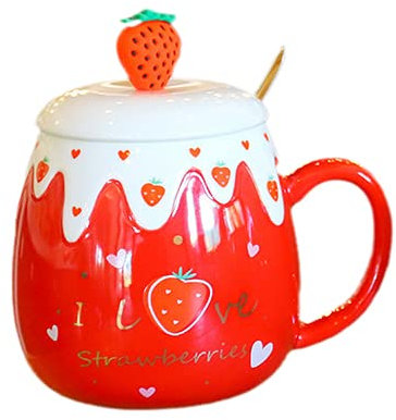 Unicorn Mug with Lid Spoon 3D Cute Ceramic Coffee Tea Cup Couple Mug Set Birthday Gift for Women Friend Lovers (red strawberry, 500 ml)