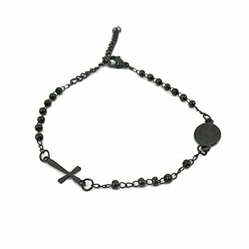 Habibi Jewels Bracciale Rosario in Acciaio colore nero da Uomo Donna con Croce e Medaglietta Braccialetto Unisex Idea Regalo Natale Compleanno Laurea