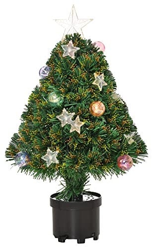 HOMCOM 2FT Pre-lit Artificial Christmas Tree Tabletop Multicoloured Fibre Optic Xmas Decoration w/LED Lights Pot Table Desk - Green