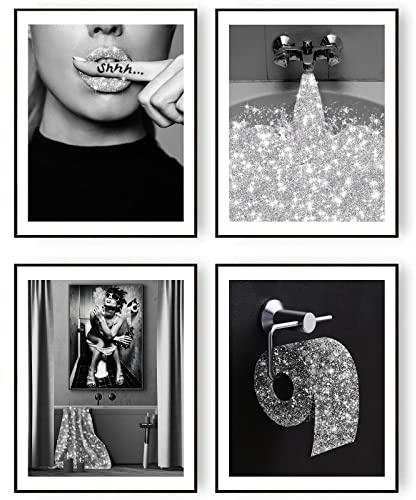 Lustige Badezimmer-Dekoration, Wandkunstdrucke, Glam Glitzer Seidenpapier Badezimmer Toilettenpapier Kunstwerk für Wand, ungerahmt, Bling Silber)