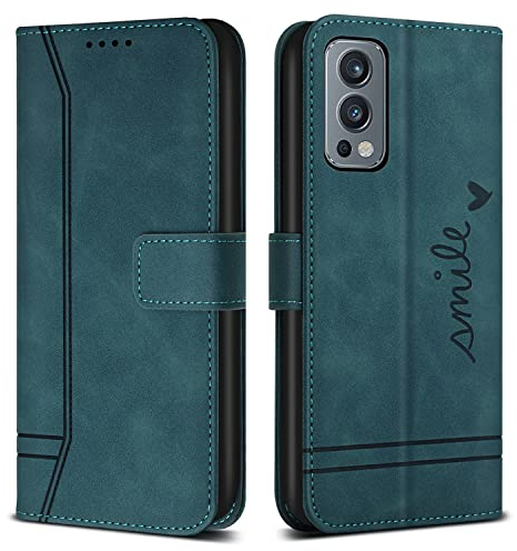 Bravoday Hülle für OnePlus Nord 2 5G, PU Ledertasche Handyhülle Flip Schutzhülle für OnePlus Nord 2 5G, mit Kartenfäch & Kickstand, Grün