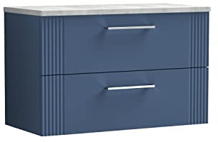 nuie DPF395LBG Deco Modern Bathroom Wall Hung 2 Drawer Part Fluted Vanity Basin Unit with Laminate Bellato Grey Worktop, 800mm, Satin Blue