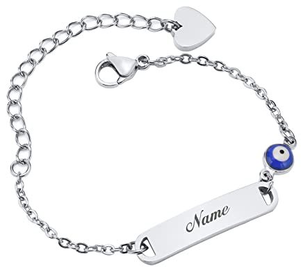 Baby Kind Armband mit Gravur Edelstahl Personalisierte Armbänder Tochter|Gravierbare Kinderarmkette|Taufarmband Junge Mädel| Böser Blick Charme Name Babyarmband Taufgeschenke(Silber)