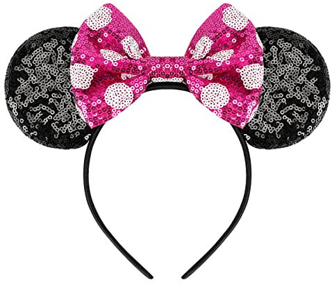 YUNISS Maus Ohren Haarreif, Glitzer Haarreifen in Schwarz mit Pailletten Rot Schleife mit weißen Punkten, Kostüm Prinzessin Party Zubehör für Mädchen und Damen (Rosa)