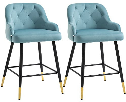 HOMCOM Lot de 2 tabourets de Bar chaises Hautes capitonnées Aspect Velours, Pieds métal Noir et doré avec Repose-Pieds, accoudoirs Hauteur 61 cm - Bleu