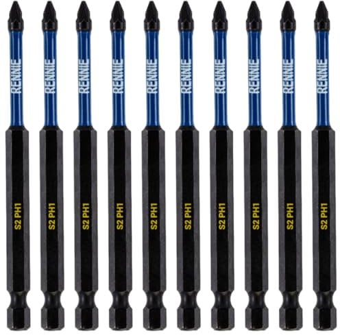 10 x Rennie Tools 100mm Long PH1 Impact Screwdriver Driver Bits Set. Magnetic Phillips No.1 Heavy Duty Impact Driver Bit Set. Extra Long PH1 Bits. Hex Shank, Cross Head. Black Oxide Coated
