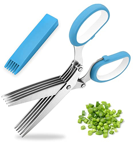 AEX Herb Scissors, Kitchen Herb Shears 5 Stainless Steel Blades Cutter Sharp Cooking Scissors with Safety Cover for Chopping Chive Onion Cilantro Vegetables [Blue]