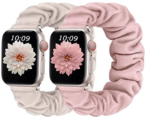 CeMiKa 2pack Bracelets Compatible avec Bracelet Apple Watch 38mm 40mm 41mm, Elastique Ajustable Scrunchie Bande pour iWatch Bracelet Series 9 8 7 6 5 4 3 2 1 SE, Femmes Hommes, Lumière stellaire/Rose