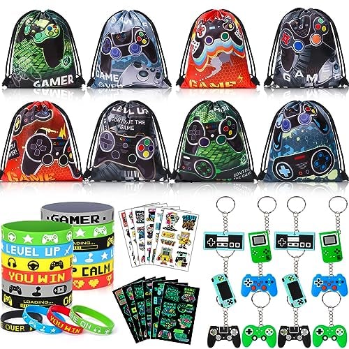 vamei Videospiel Party Mitgebsel Kindergeburtstag 6 7 8 9 10 Jahre mit Kordelzugbeutel Geschenktüten Schlüsselanhänger Silikon Armband Tattoo Miner Give Aways Gastgeschenk Kinder Jungen Mädchen
