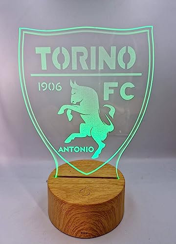 Generico Lampada in Plexiglass con Base Nera Logo Torino Calcio e Nome Personalizzato Decor Night Light LED Luce Camera 7 Colori