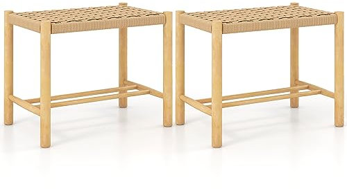 COSTWAY Bar Stool Set of 2, Rubber Wood Dining Stool with Woven Paper Seat and Footrest, Backless Counter Height Kitchen Chair for Indoor Outdoor Dining Room, Backyard (56 x 36 x 45 cm)