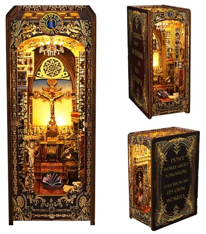 Book Nook DIY Kit, 3D Puzzle Buchstützen aus Holz, Book Nook Miniatur Puppenhaus Kit, Buch Ecke Miniatur Kit Kirche mit LED-Licht & Gebrauchsanweisung Kreatives Geschenk für Erwachsene und Teens