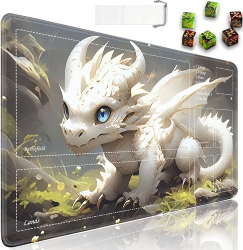JVGFYNKL TCG Spielmatte, 61 x 35,6 cm, rutschfestes Gummi für MTG-Spielmatte mit Kordelzug, Reisetasche und 6 Würfel, weißer und goldener Baby-Drache für MTG-Matte