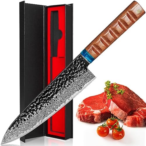 Home Safety Chef Knife Damascus, Kitchen Knife 8 inch, Professional Chefs Knife Made of VG10 Steel, Universal Knifes, Carving Knifes with Ergonomic Wood Handle for Home/Restaurant