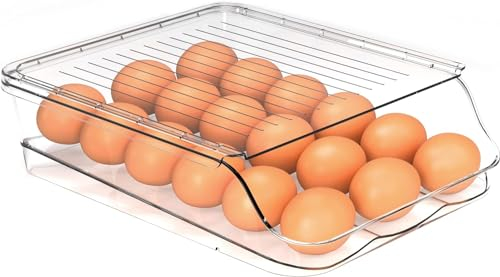 KAHEIGN 1 Niveles Soporte para Huevos Rodante, 18 Rejillas Gran Capacidad Plástico Transparente Huevo Rodante Automático Almacenaje Caja con Tapa y Mango para Cocina Refrigerador Encimera